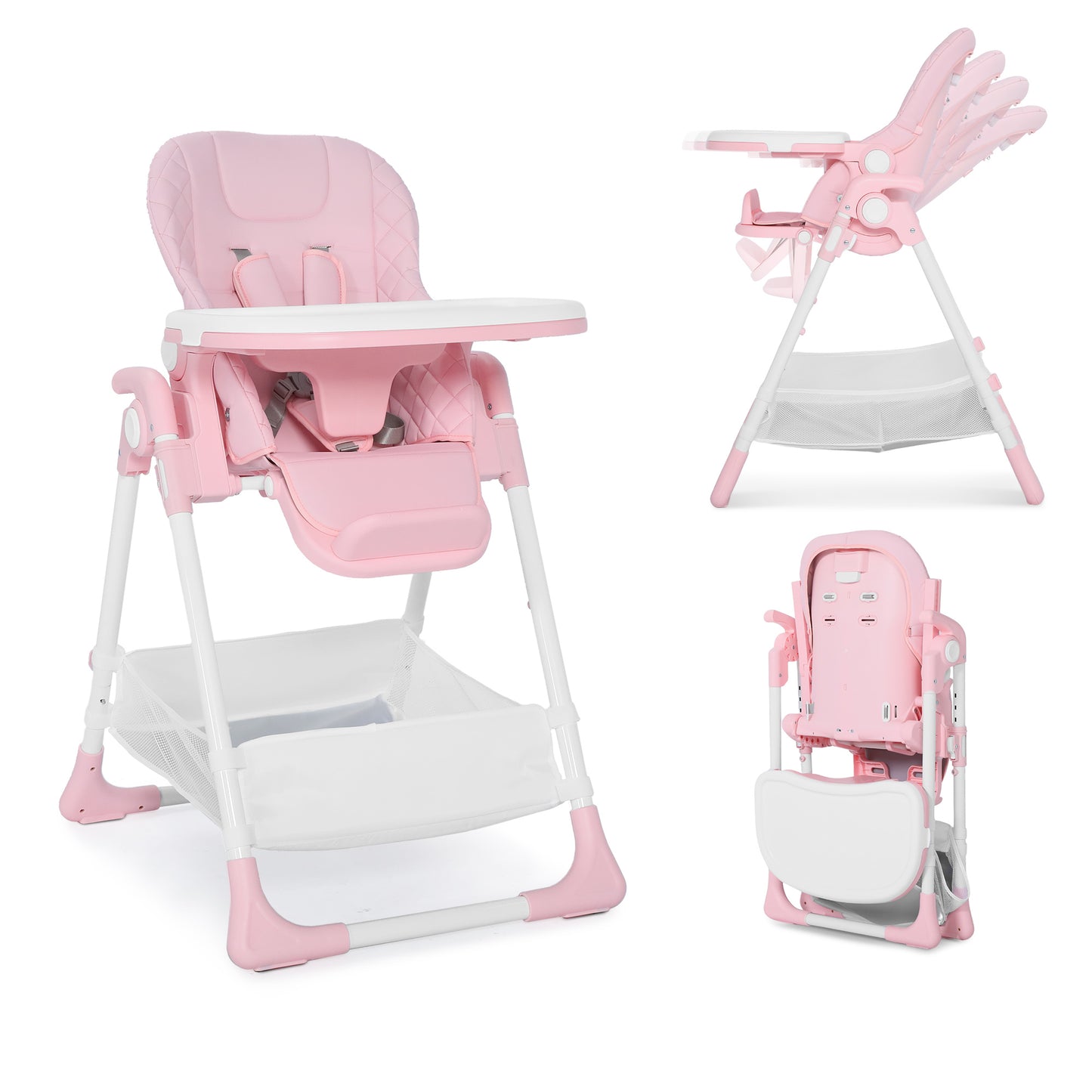 AILEEKISS Foldable Baby High Chair with Wheels, Adjustable Recline Toddler Eating Chair, Pink