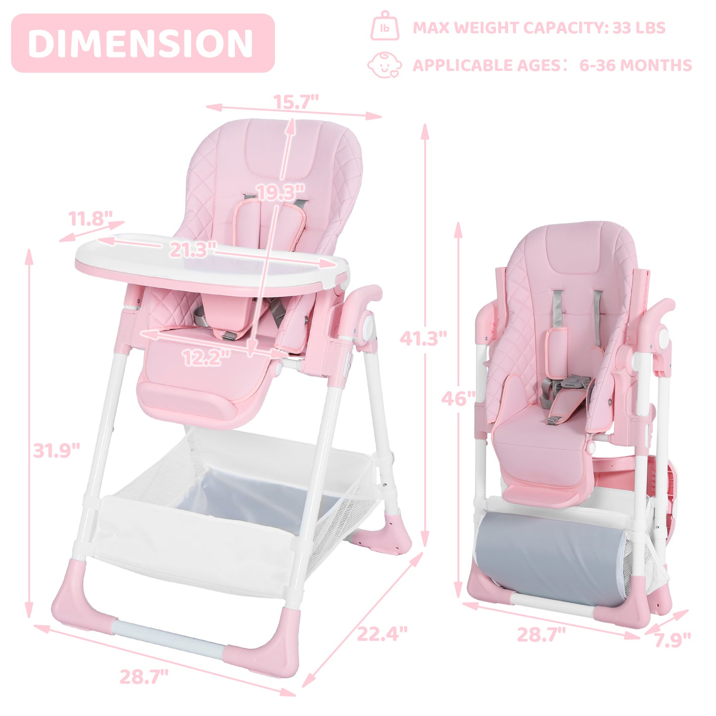 AILEEKISS Foldable Baby High Chair with Wheels, Adjustable Recline Toddler Eating Chair, Pink