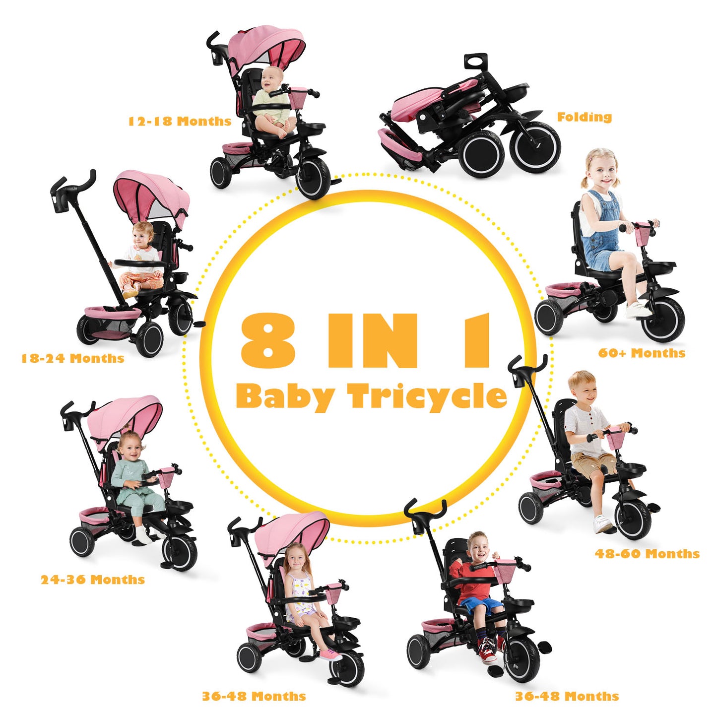 8-in-1 Kids' Tricycle Stroller, Folding Toddler Bicycle Unisex Ride Trike 1-6 Years, Pink
