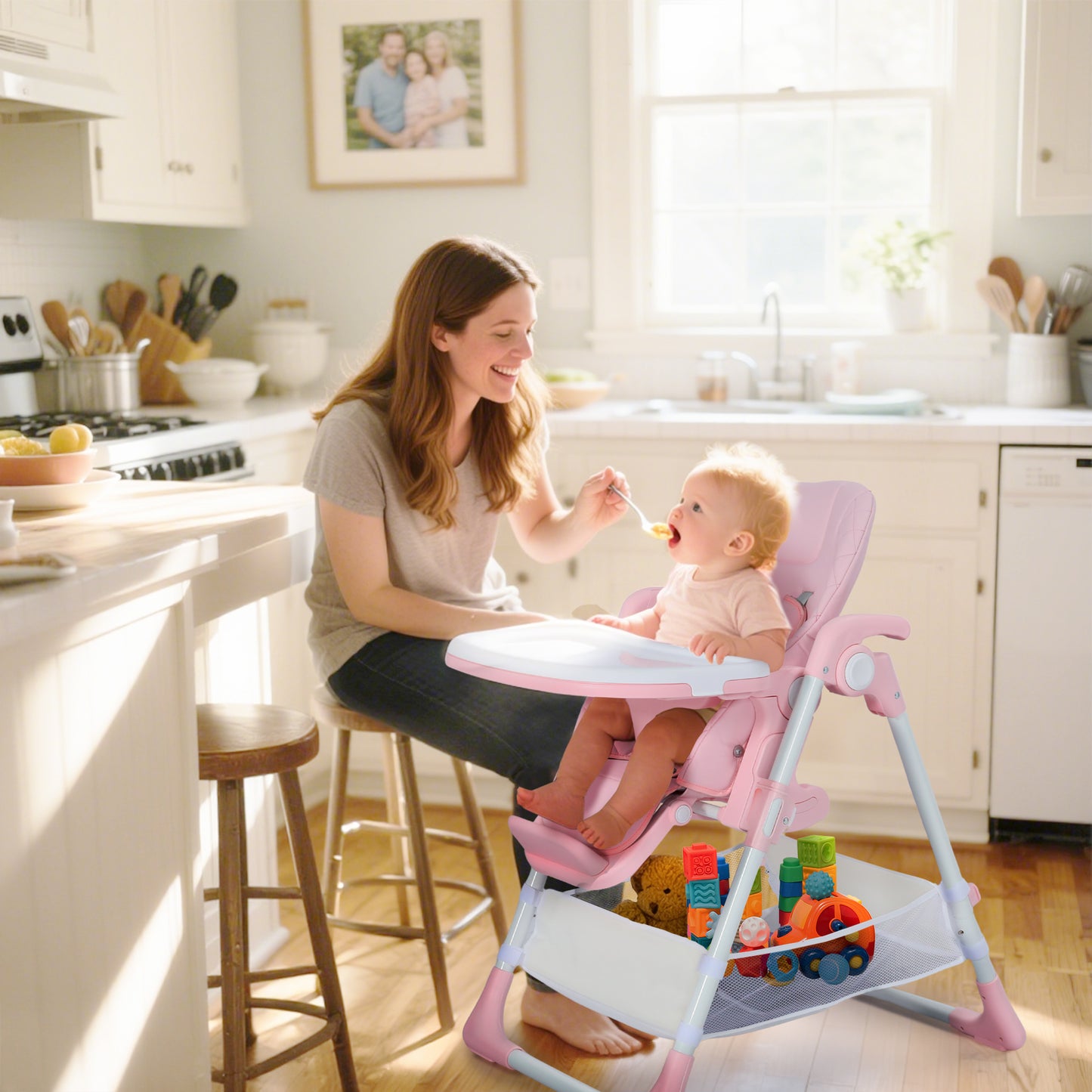 AILEEKISS Foldable Baby High Chair with Wheels, Adjustable Recline Toddler Eating Chair, Pink
