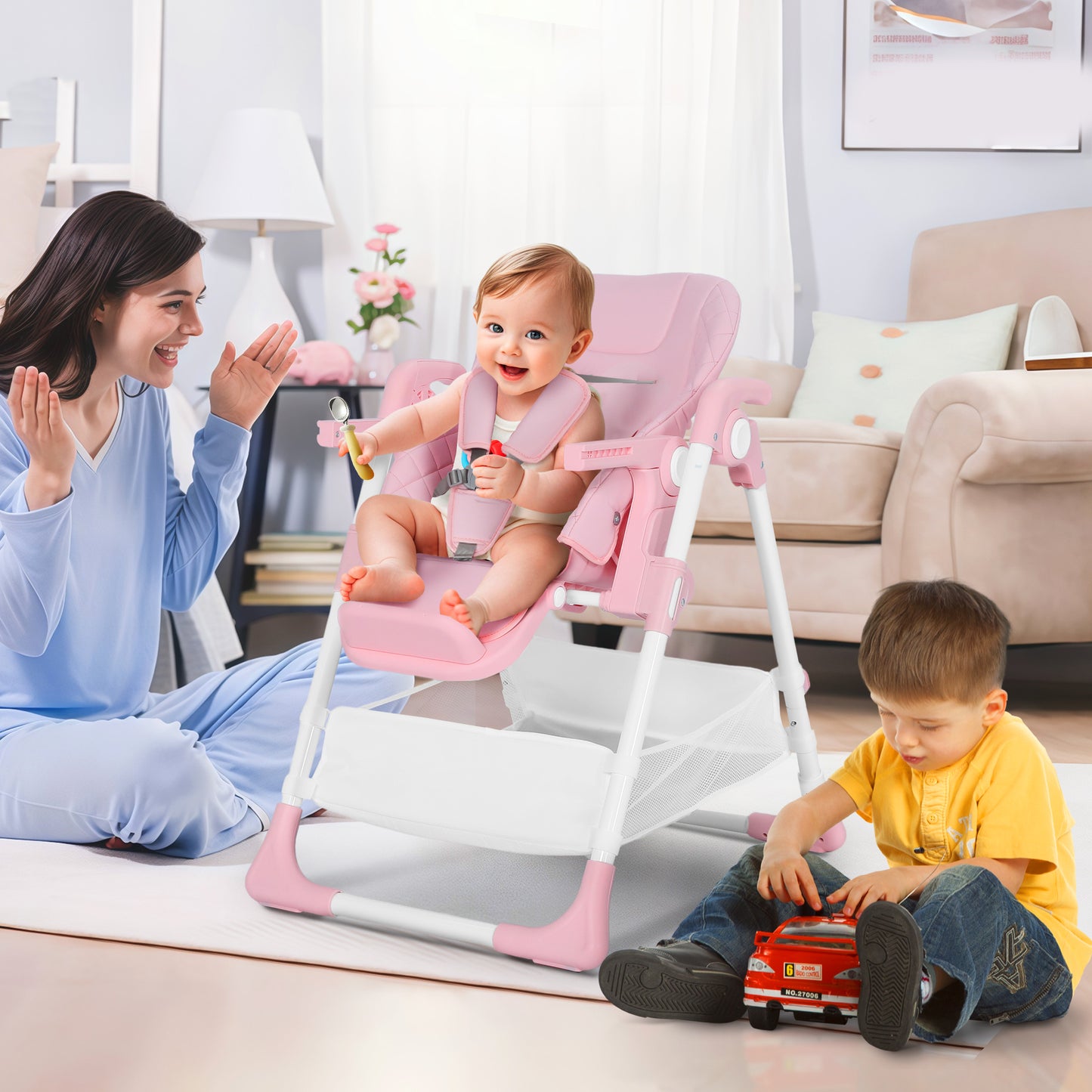 AILEEKISS Foldable Baby High Chair with Wheels, Adjustable Recline Toddler Eating Chair, Pink
