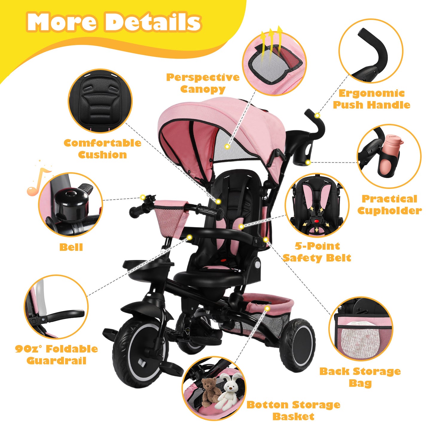 8-in-1 Kids' Tricycle Stroller, Folding Toddler Bicycle Unisex Ride Trike 1-6 Years, Pink
