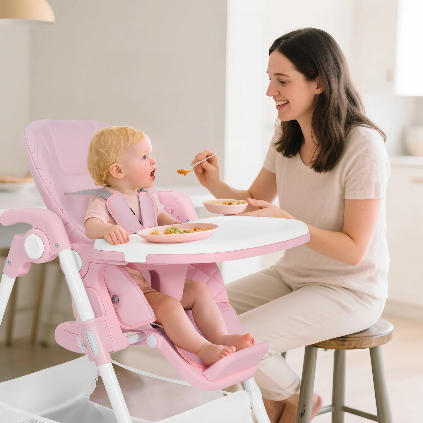 AILEEKISS Foldable Baby High Chair with Wheels, Adjustable Recline Toddler Eating Chair, Pink
