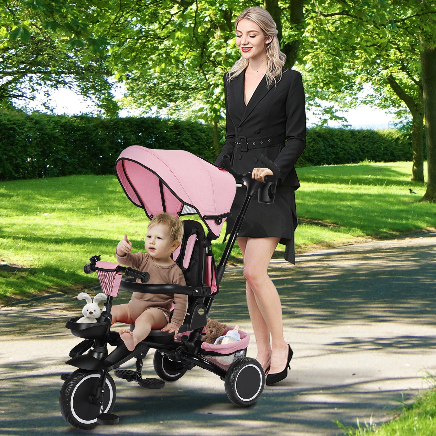 8-in-1 Kids' Tricycle Stroller, Folding Toddler Bicycle Unisex Ride Trike 1-6 Years, Pink