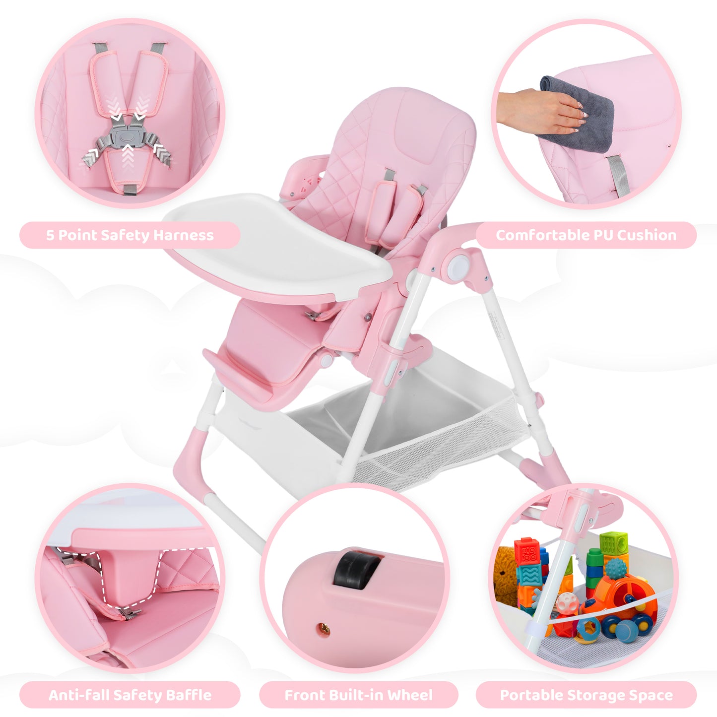 AILEEKISS Foldable Baby High Chair with Wheels, Adjustable Recline Toddler Eating Chair, Pink