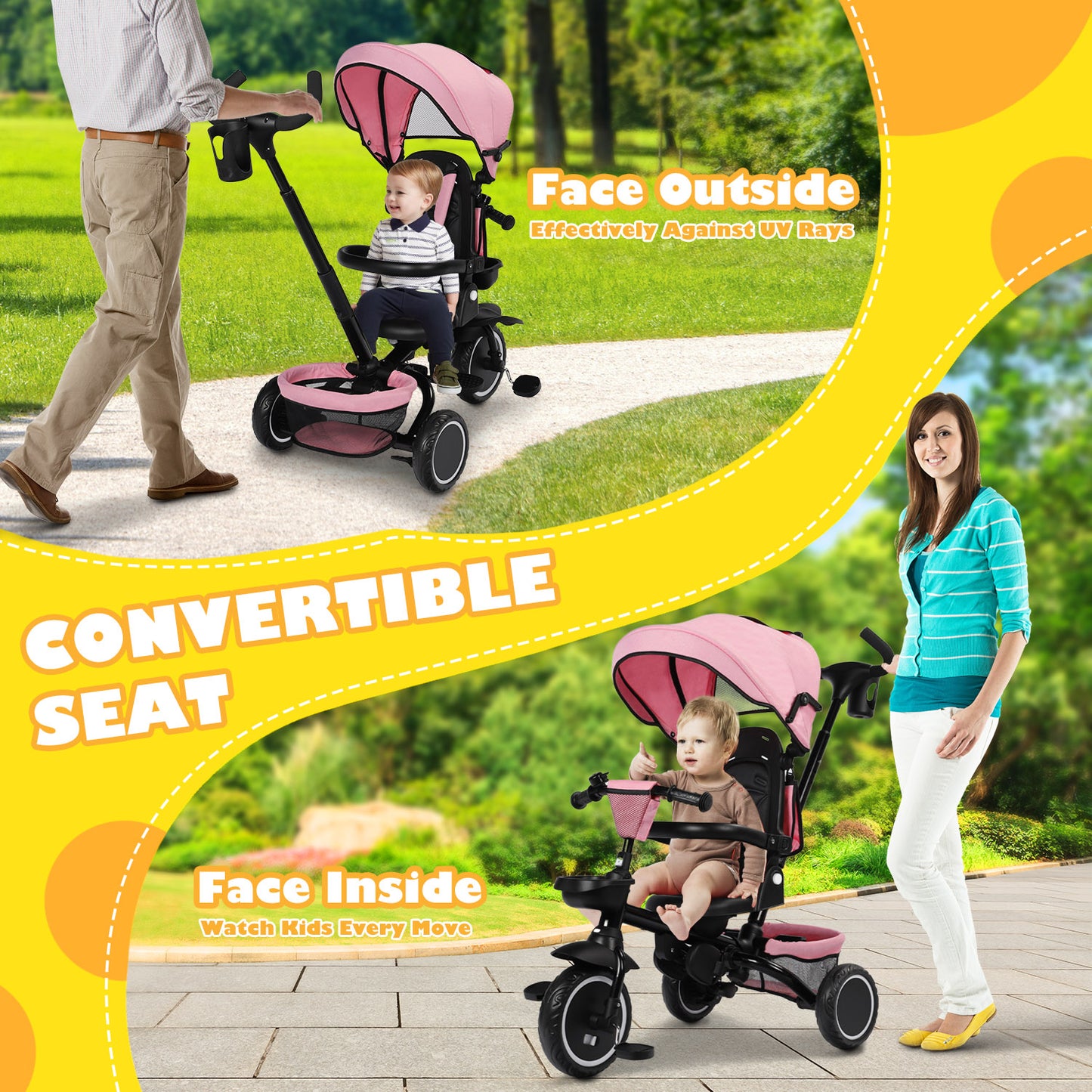 8-in-1 Kids' Tricycle Stroller, Folding Toddler Bicycle Unisex Ride Trike 1-6 Years, Pink