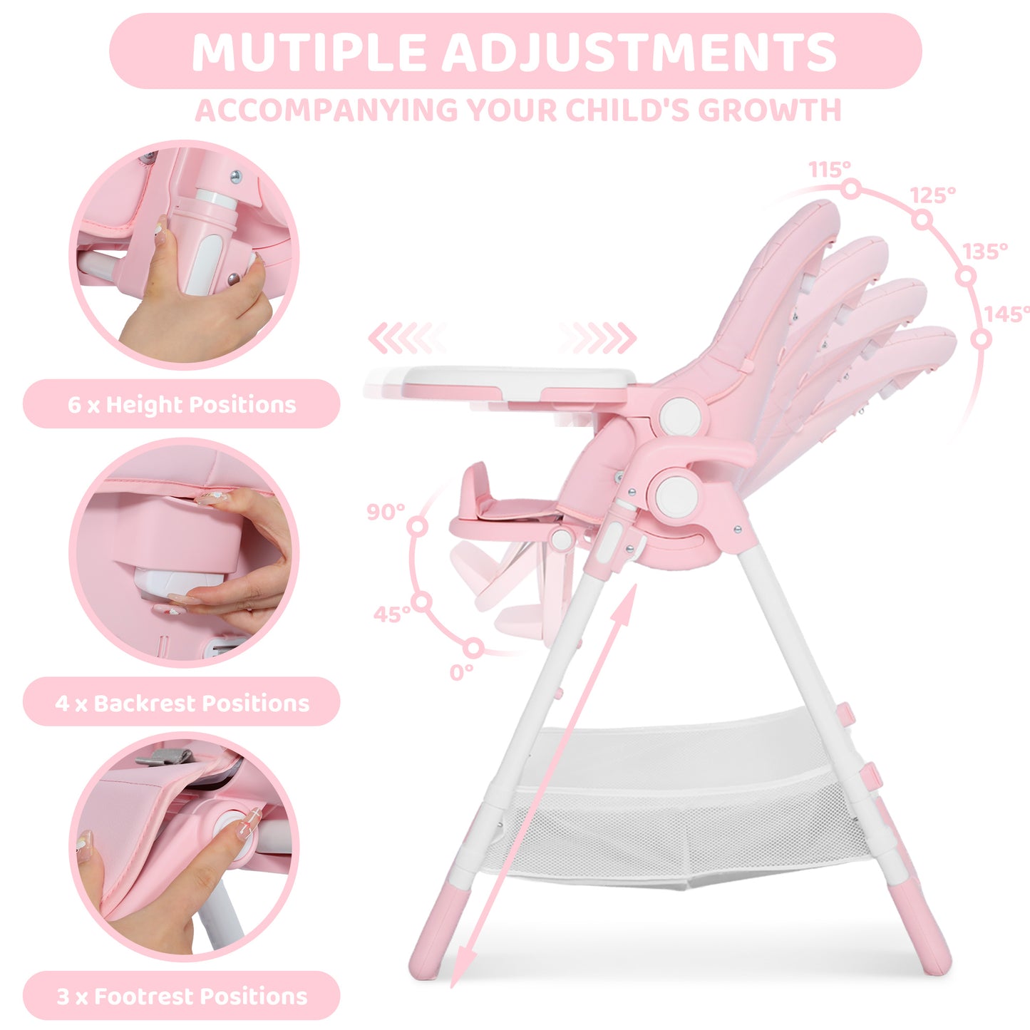 AILEEKISS Foldable Baby High Chair with Wheels, Adjustable Recline Toddler Eating Chair, Pink