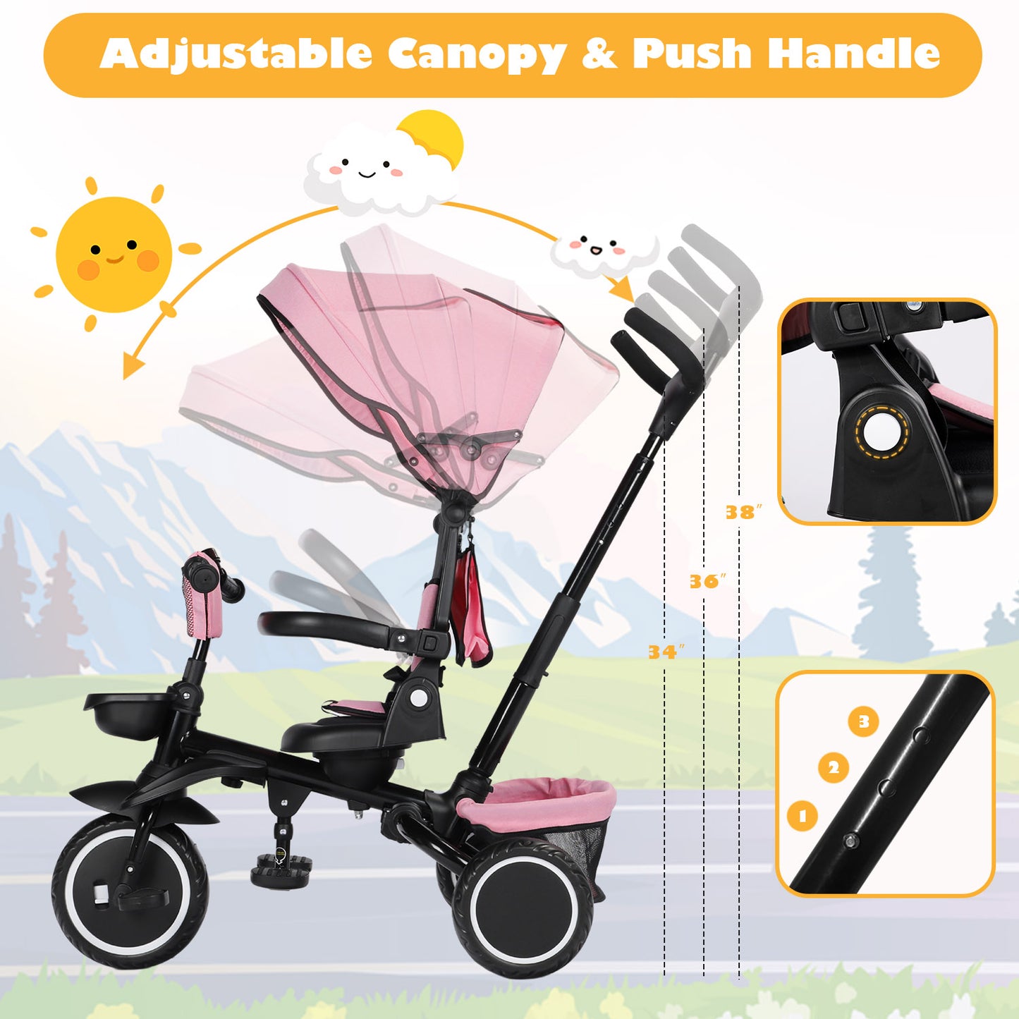 8-in-1 Kids' Tricycle Stroller, Folding Toddler Bicycle Unisex Ride Trike 1-6 Years, Pink