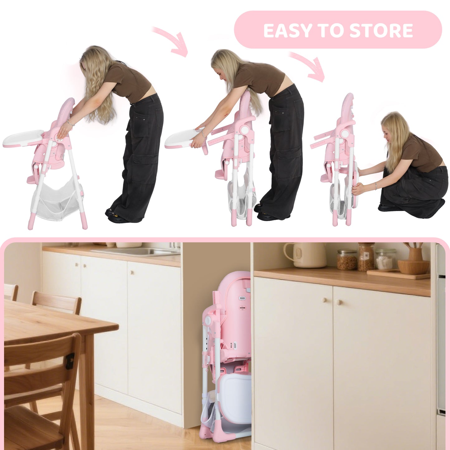 AILEEKISS Foldable Baby High Chair with Wheels, Adjustable Recline Toddler Eating Chair, Pink