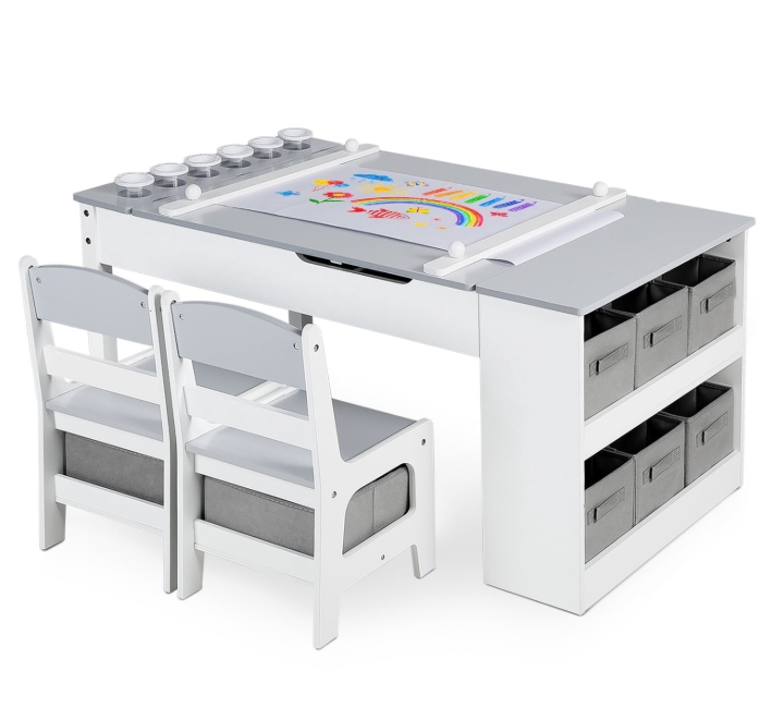 LINLUX Kids Table and Chair Set with Paper Roll, 3-in-1 Activity & Drawing Table, Toddler Art Desk with Storage Shelves, Children Study Play Table Set, Grey