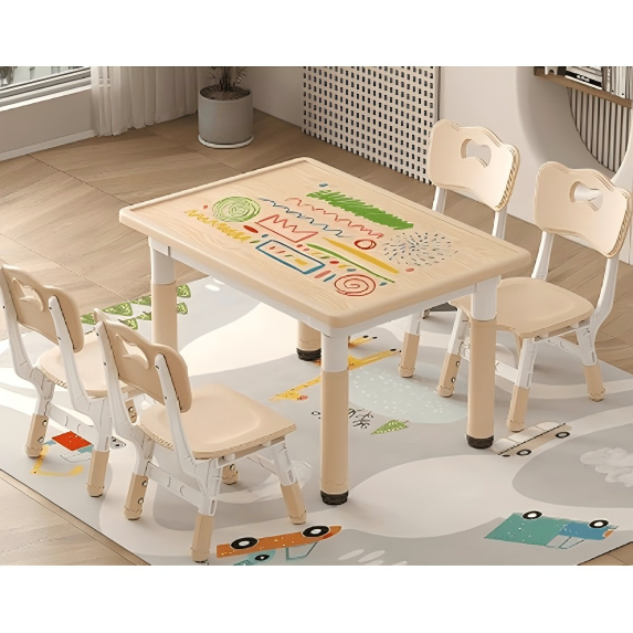 LINLUX Kids Table Chair Sets with 4 Chairs, 7-Level Kids Table with 3-Level Adjustable Chairs, Natural