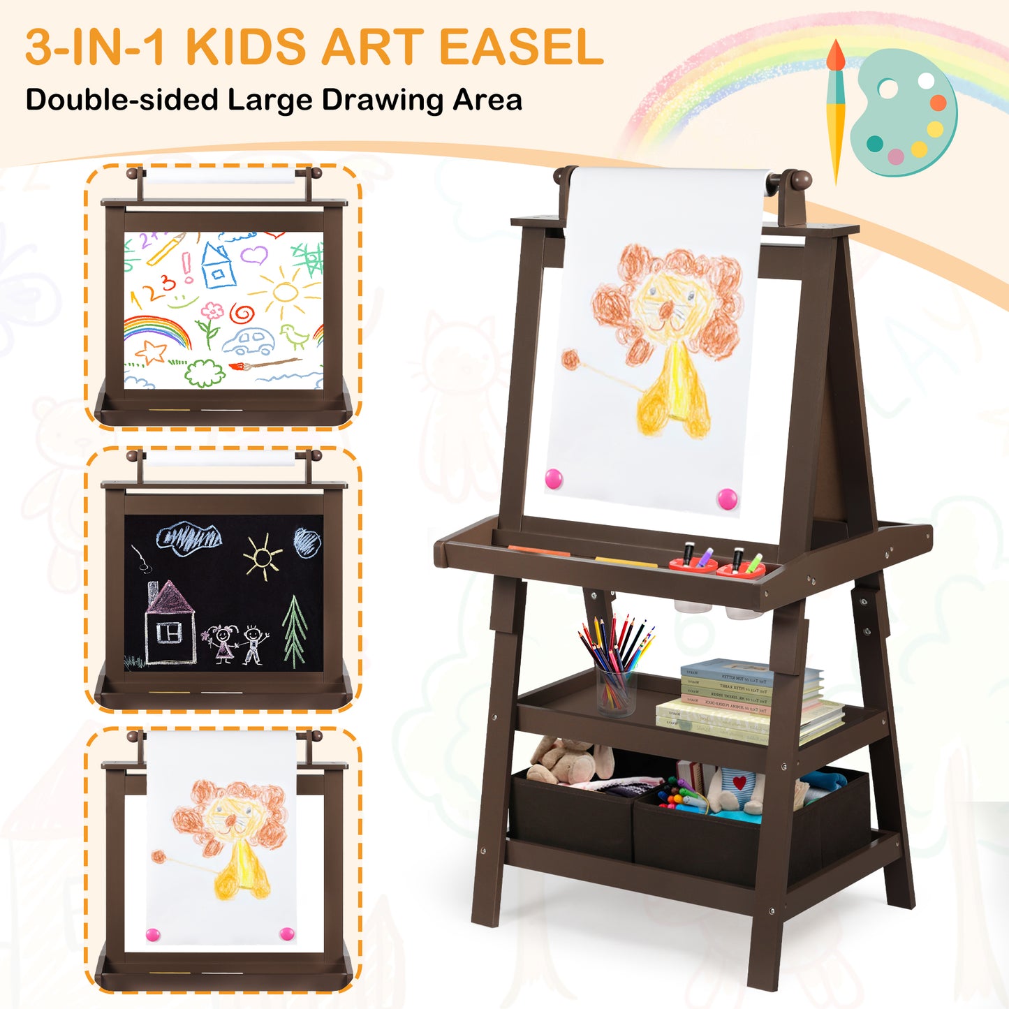 LINLUX 3 in 1 Kids Art Easel Drawing Board Double-Sided Whiteboard Chalkboard, Coffee