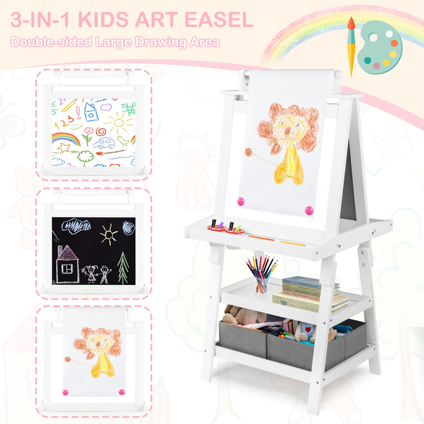 LINLUX 3 in 1 Kids Art Easel Drawing Board Double-Sided Whiteboard Chalkboard, White