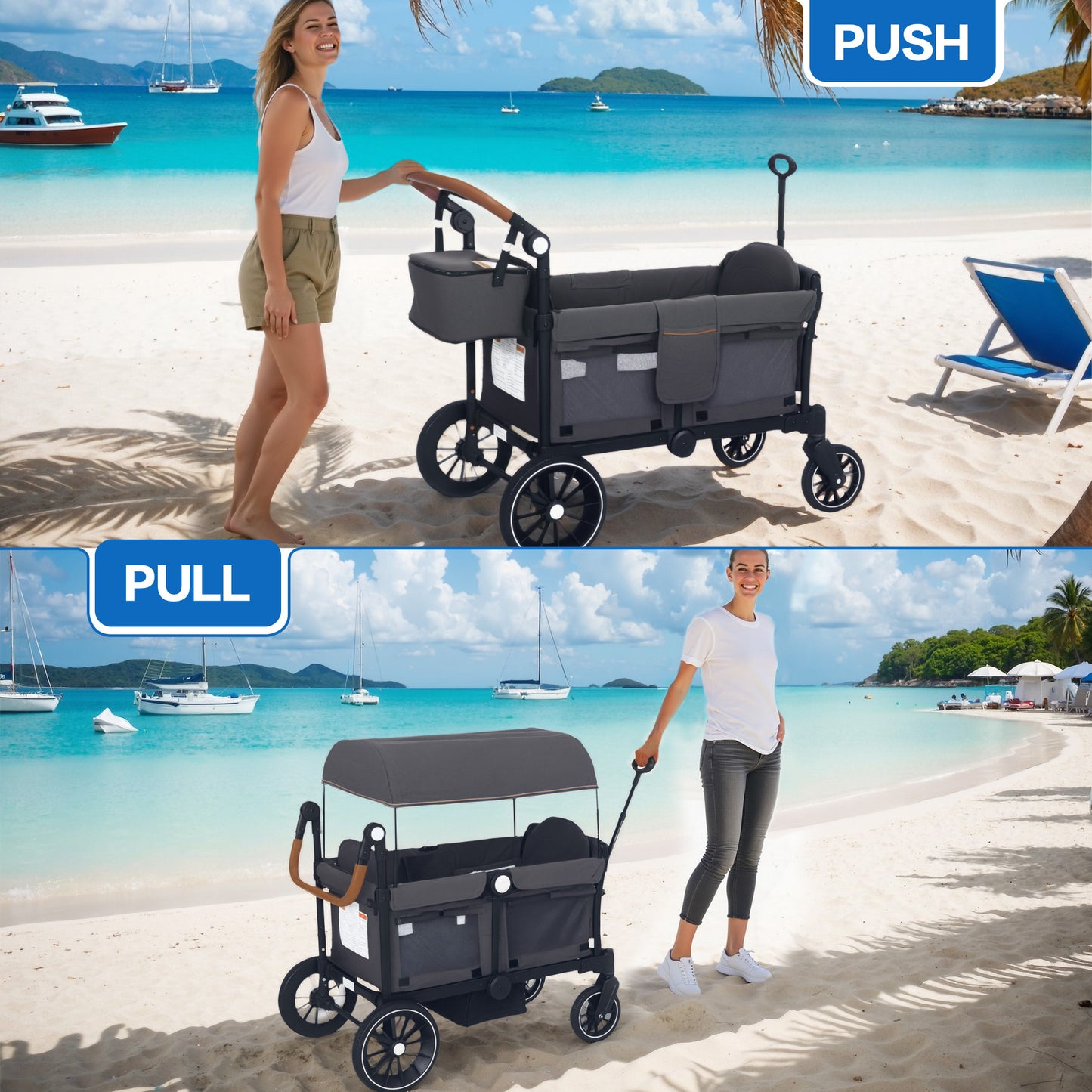 AILEEKISS 3-in-1 Wagon Stroller for 2 Toddlers, Collapsible Baby Wagon with Adjustable Handle, Grey