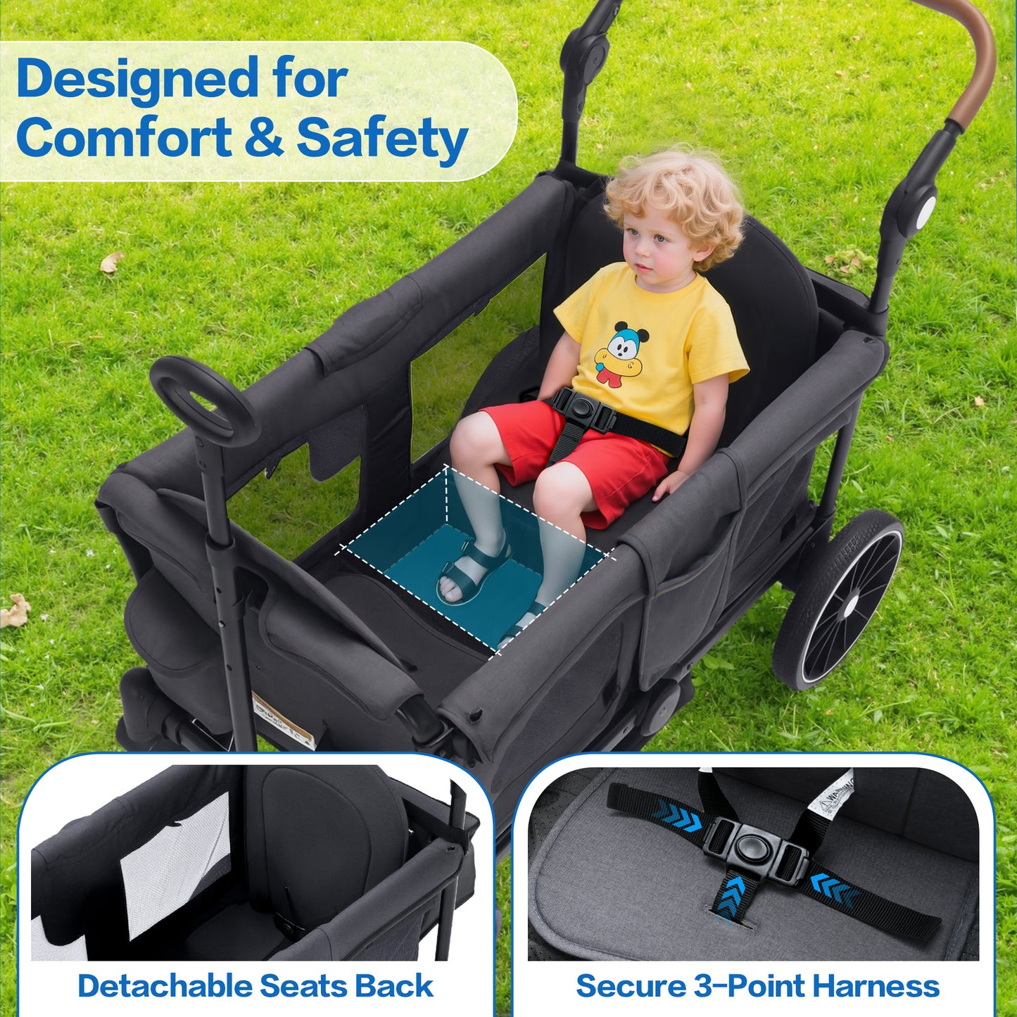 AILEEKISS 3-in-1 Wagon Stroller for 2 Toddlers, Collapsible Baby Wagon with Adjustable Handle, Grey