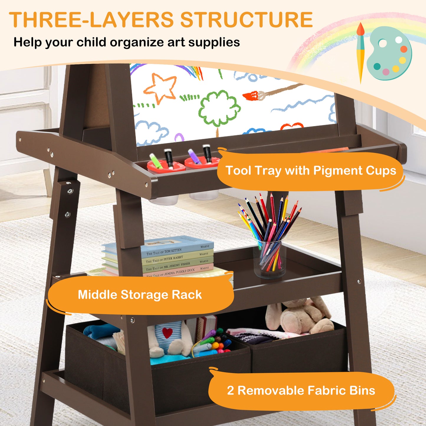 LINLUX 3 in 1 Kids Art Easel Drawing Board Double-Sided Whiteboard Chalkboard, Coffee