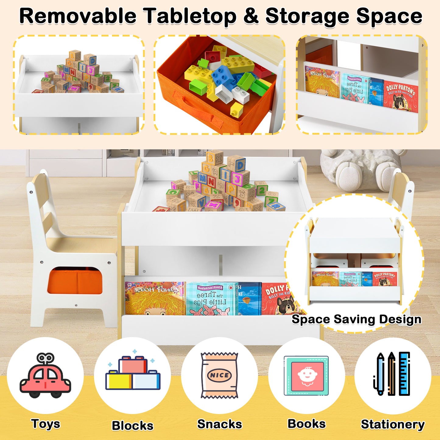 4 in 1 Kids Wood Table & 2 Chairs Set, Children Activity Table Toddler w/Storage, Natural