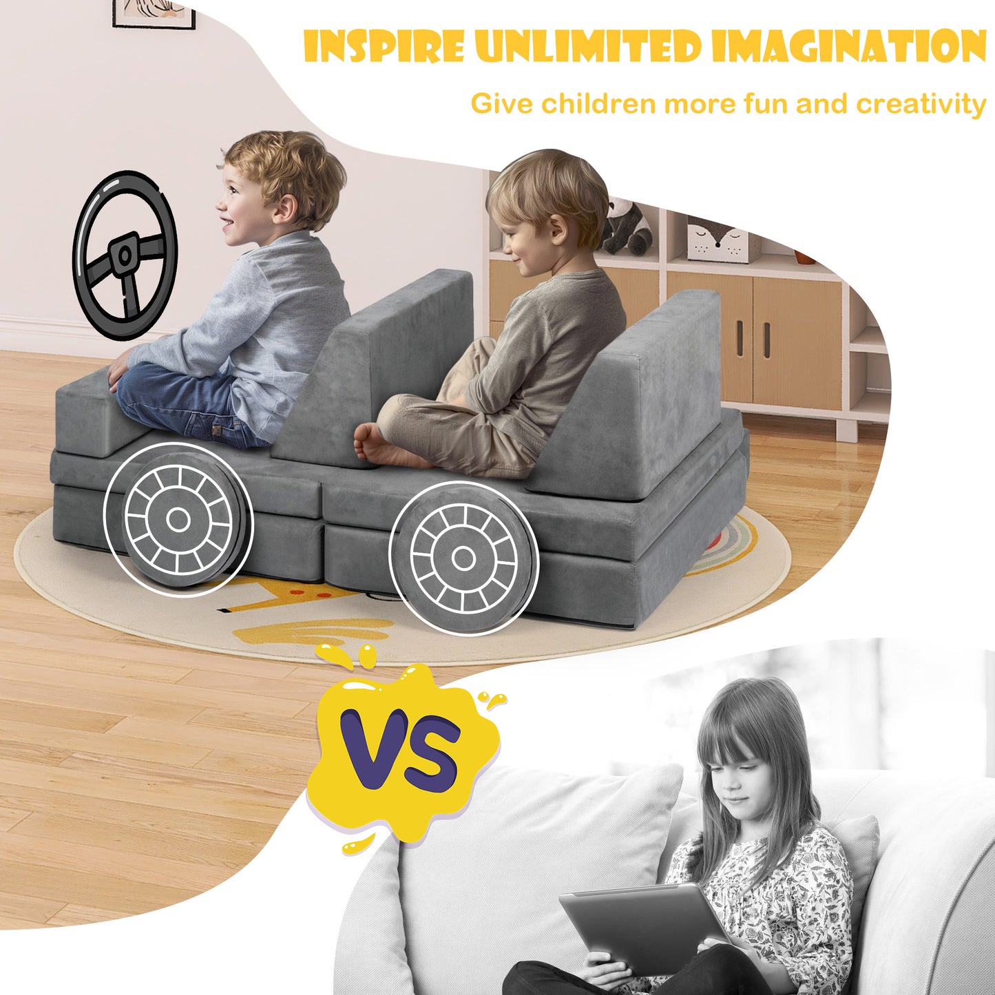 LINLUX 9 Pcs Kids Couch Sofa, Convertible Children Play Couch for Kids, Modular Sofa for Playroom