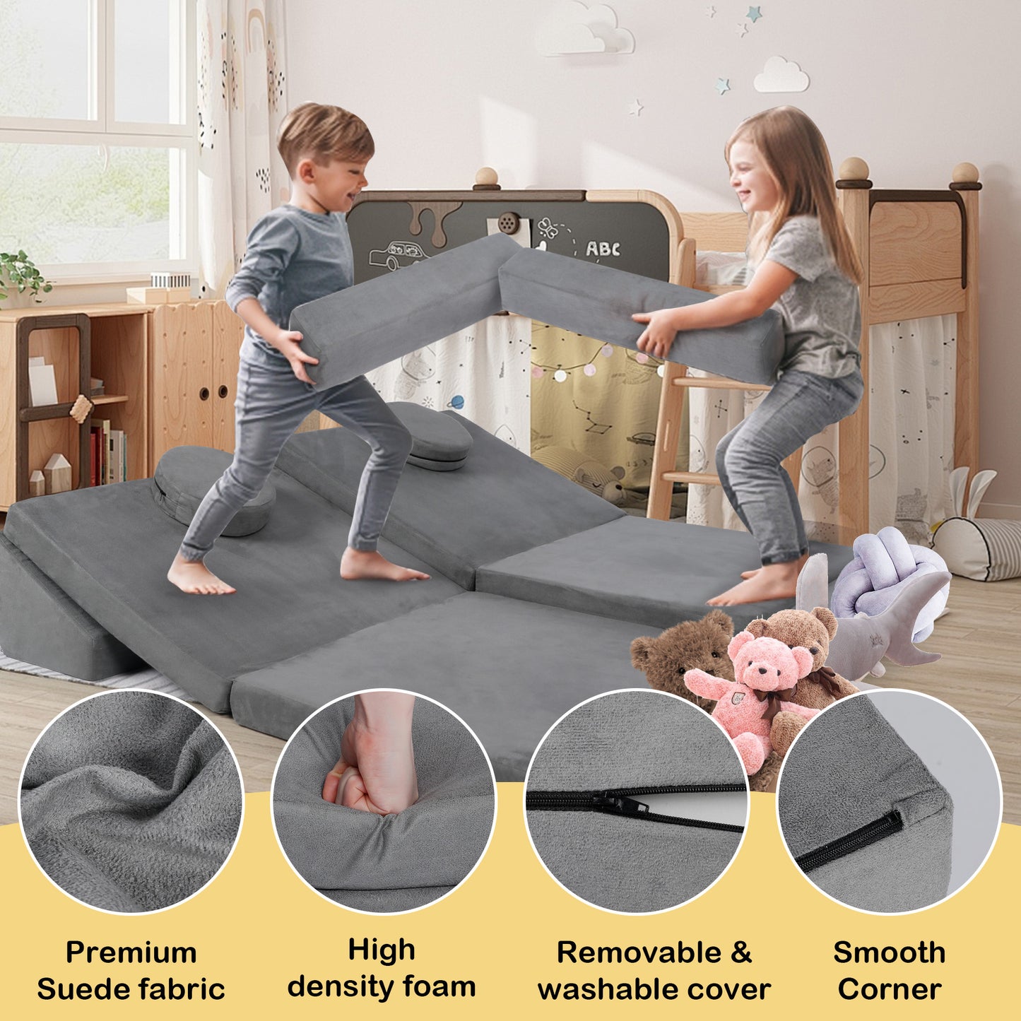 LINLUX 9 Pcs Kids Couch Sofa, Convertible Children Play Couch for Kids, Modular Sofa for Playroom