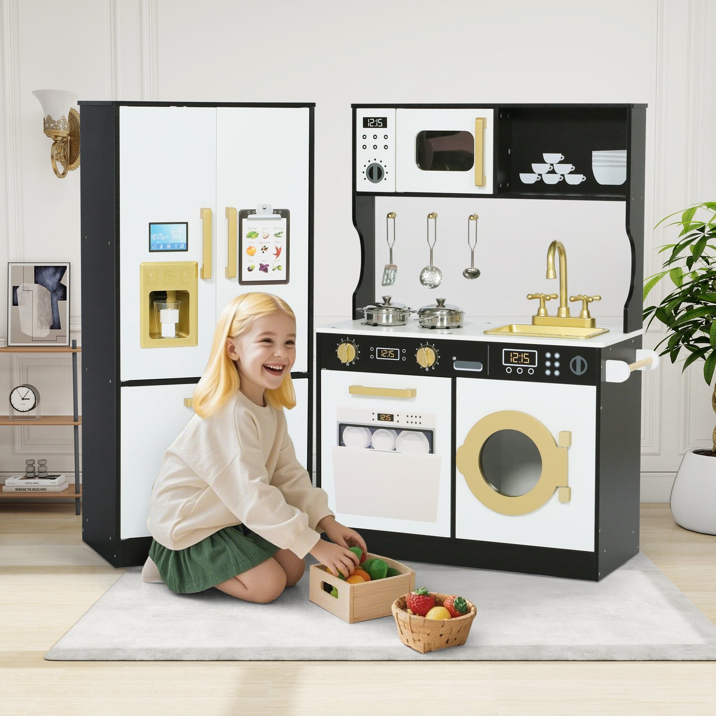 AILEEKISS Wood Kids Play Kitchen, Pretend Kitchen Playset for Children Age 3 Years up, Black