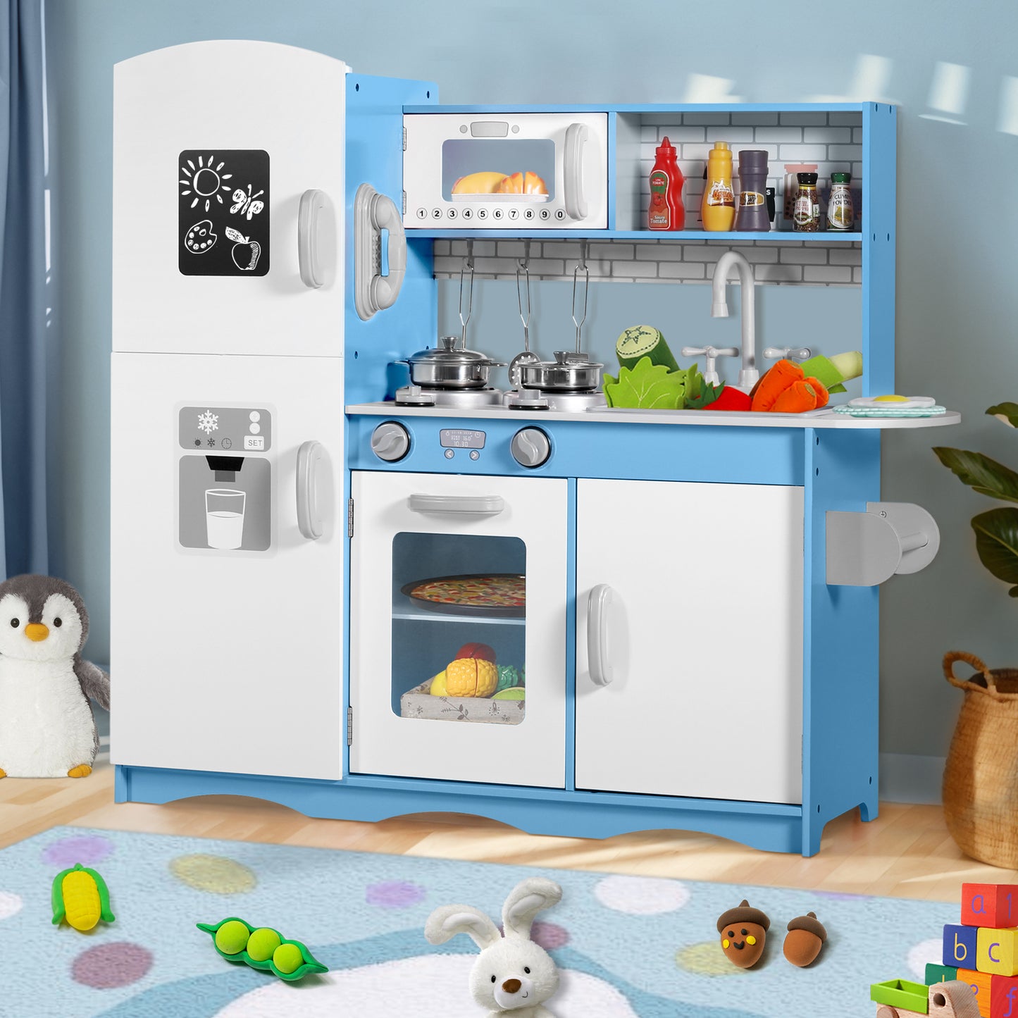 AILEEKISS Kids Play Kitchen Set, Wood Kitchen Playset for Toddler with Accessories, Blue