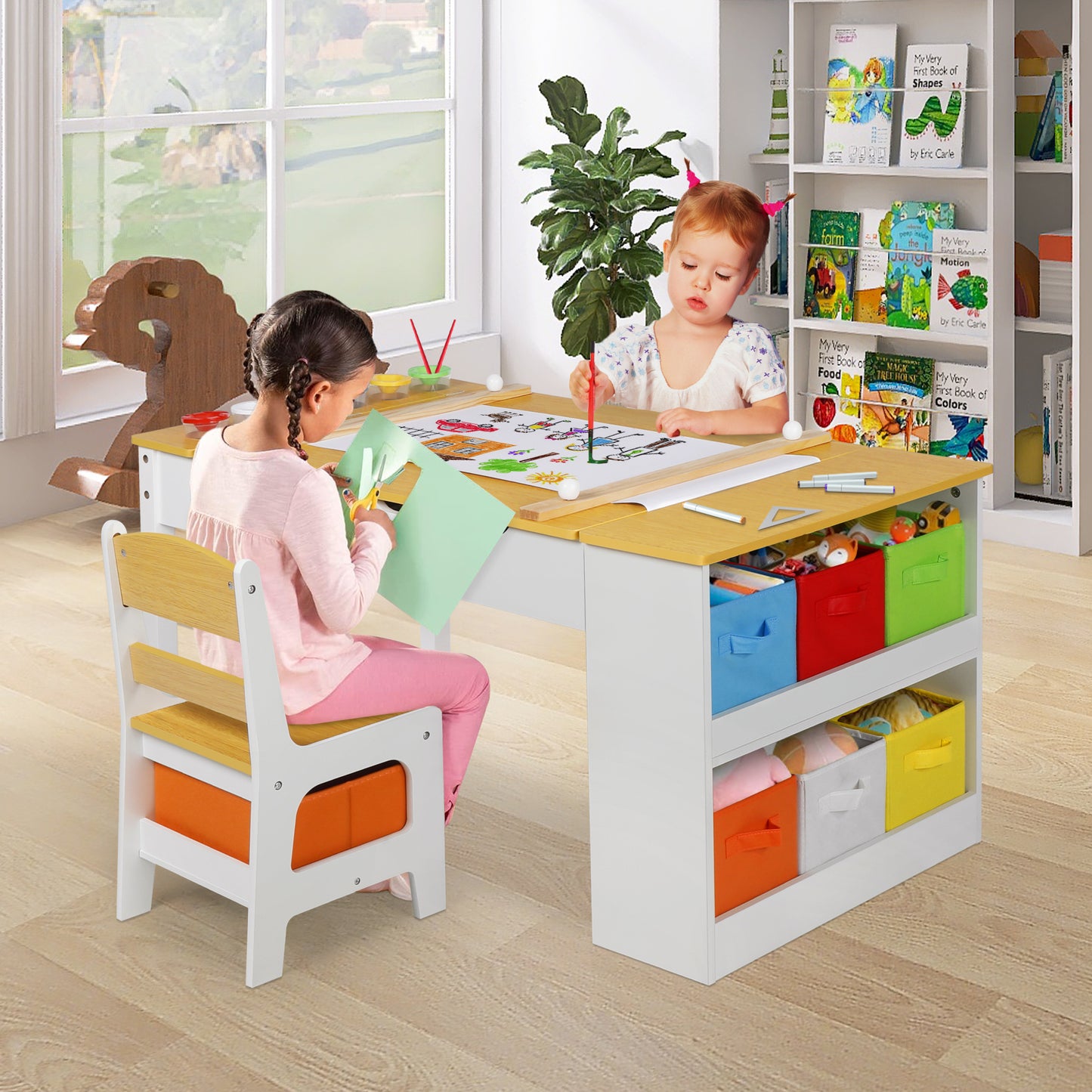 2 in 1 Kids Art Table and Chair Set, Toddler Art Easel & Craft Activity Desk w/ Paper Roll, Natural
