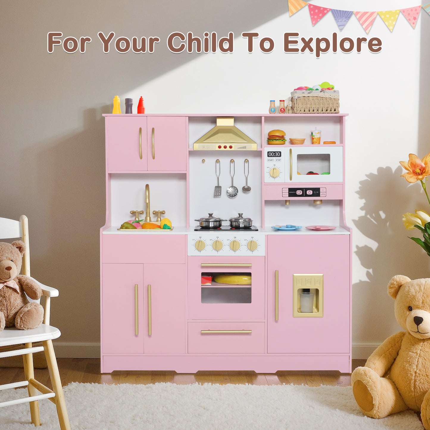 AILEEKISS Wood Kids Play Kitchen, Pretend Kitchen Playset for Children Age 3 Years up, Pink