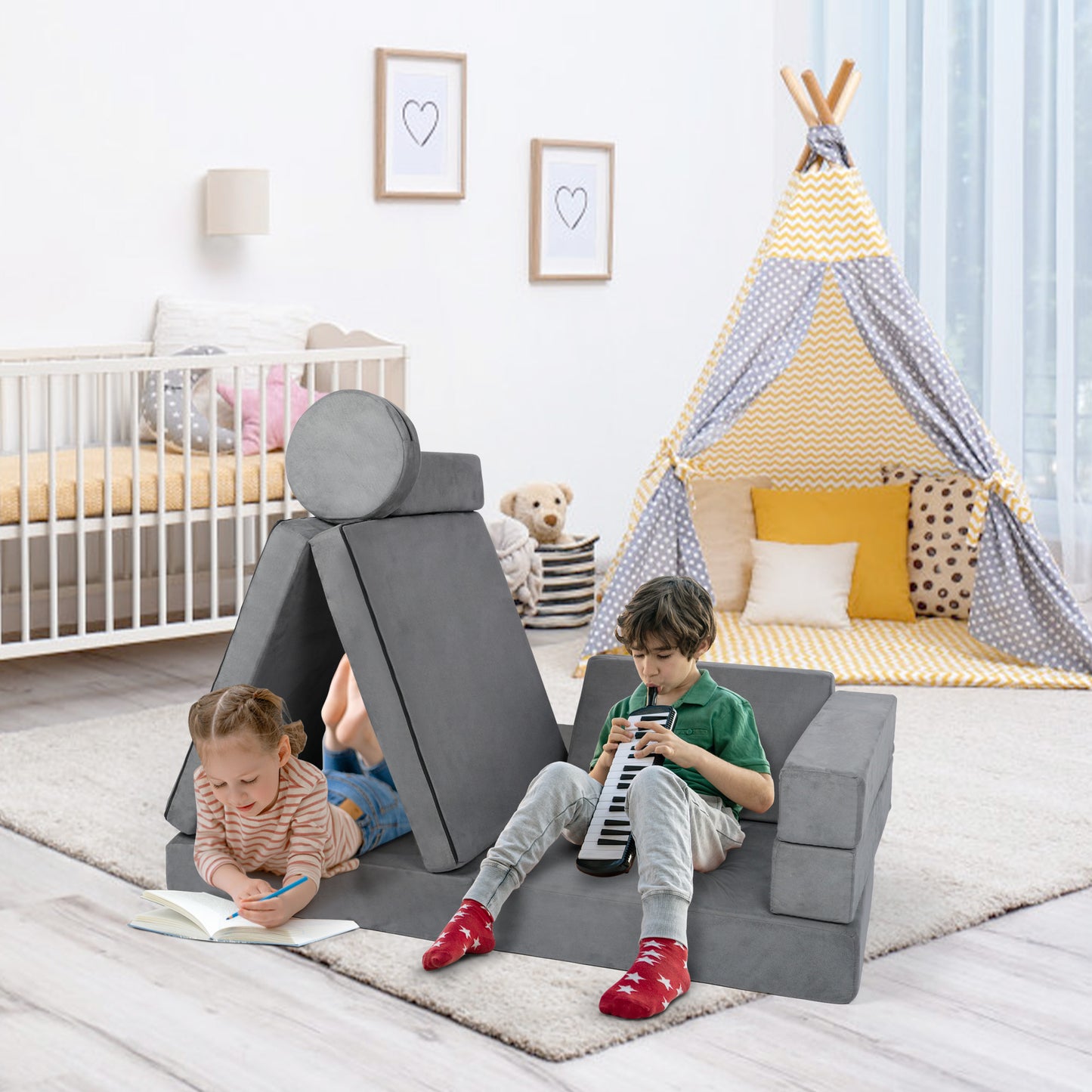 LINLUX 9 Pcs Kids Couch Sofa, Convertible Children Play Couch for Kids, Modular Sofa for Playroom