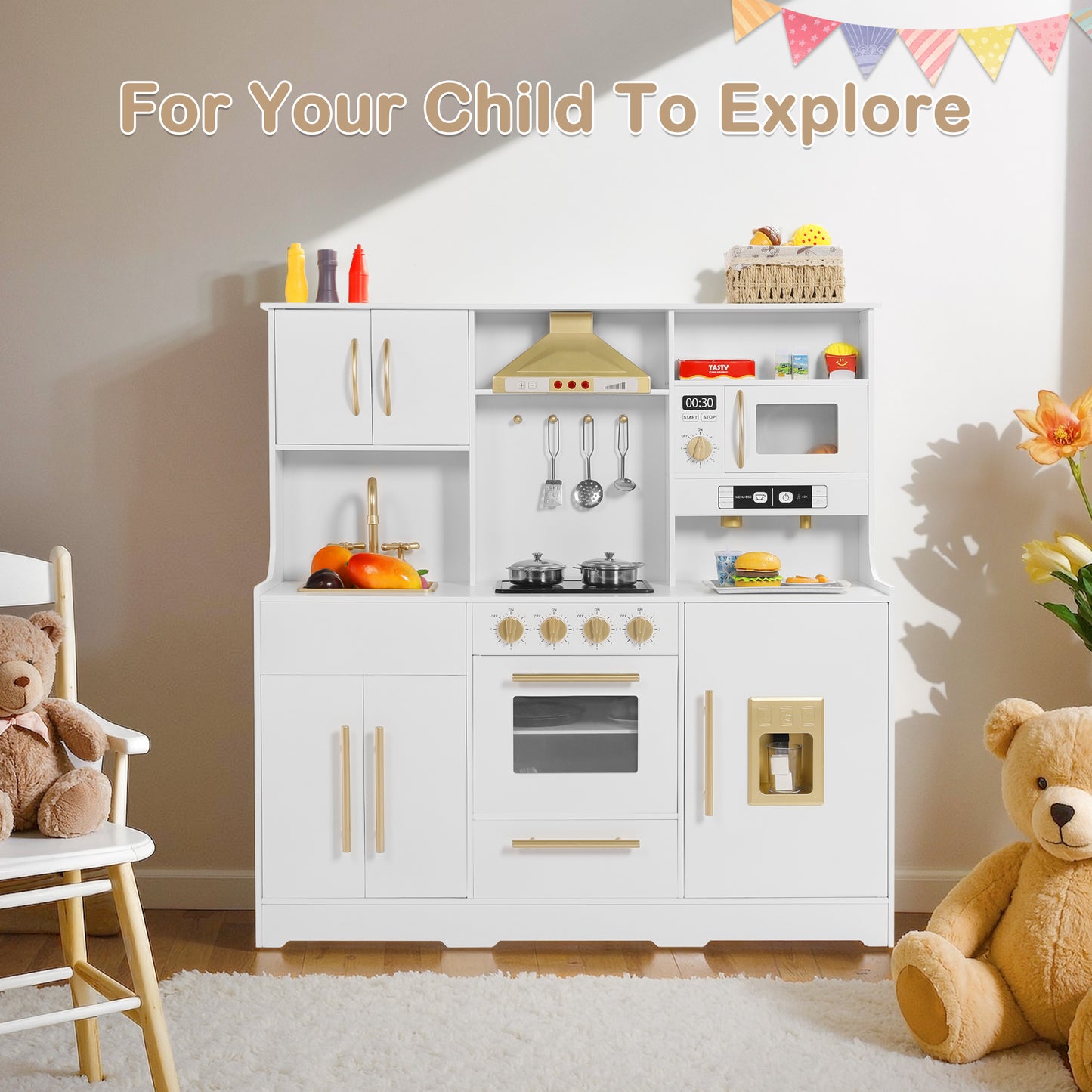 AILEEKISS Wood Kids Play Kitchen, Pretend Kitchen Playset for Children Age 3 Years up, White