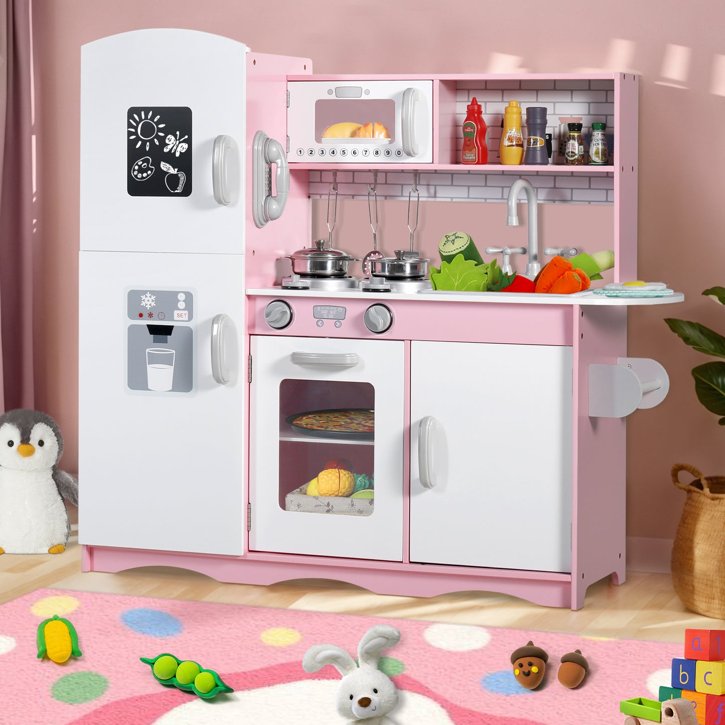 AILEEKISS Kids Play Kitchen Set, Wood Kitchen Playset for Toddler with Accessories, Pink