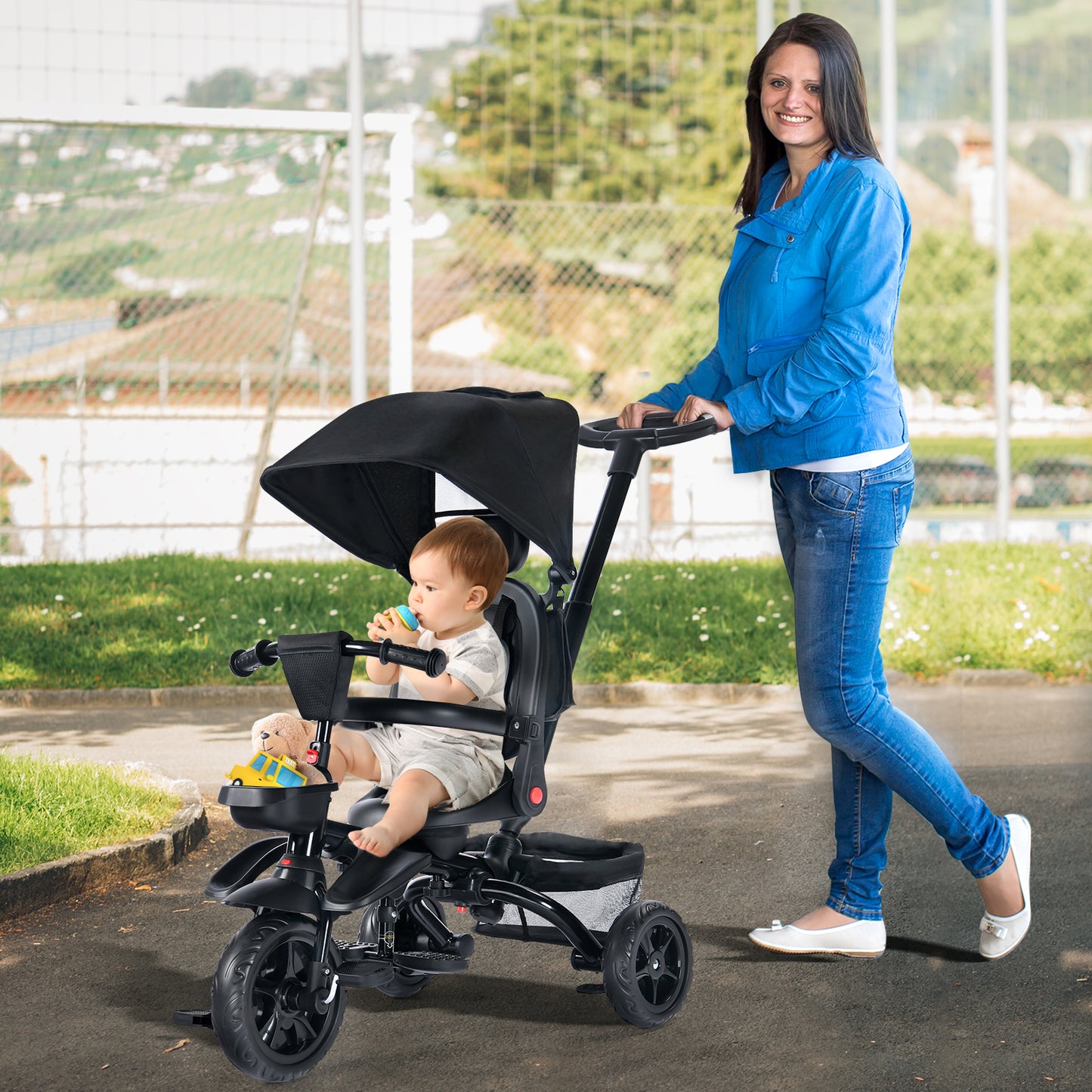 AILEEKISS Folding Kids' Tricycle, 8 IN1 Baby Trike W/Removable Canpoy&Parental Push Rod, Toddler Bike Stroller for Kids 1-5 Years, Black