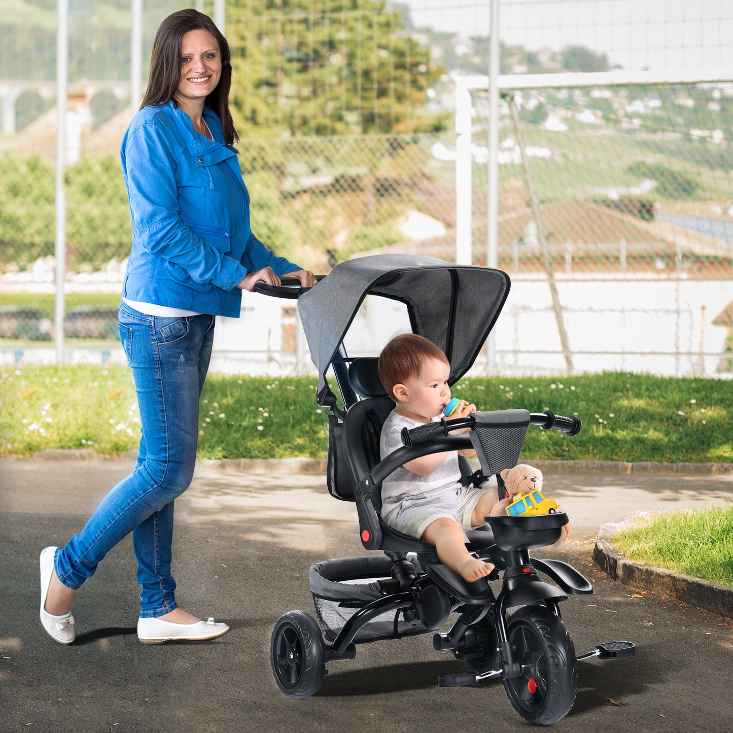 AILEEKISS Folding Kids' Tricycle, 8 IN 1 Baby Trike W/Removable Canpoy&Parental Push Rod, Toddler Bike Stroller for Kids 1-5 Years, Grey