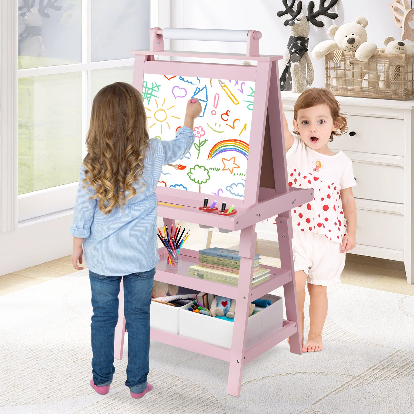 LINLUX 3 in 1 Kids Art Easel Drawing Board Double-Sided Whiteboard Chalkboard, Pink