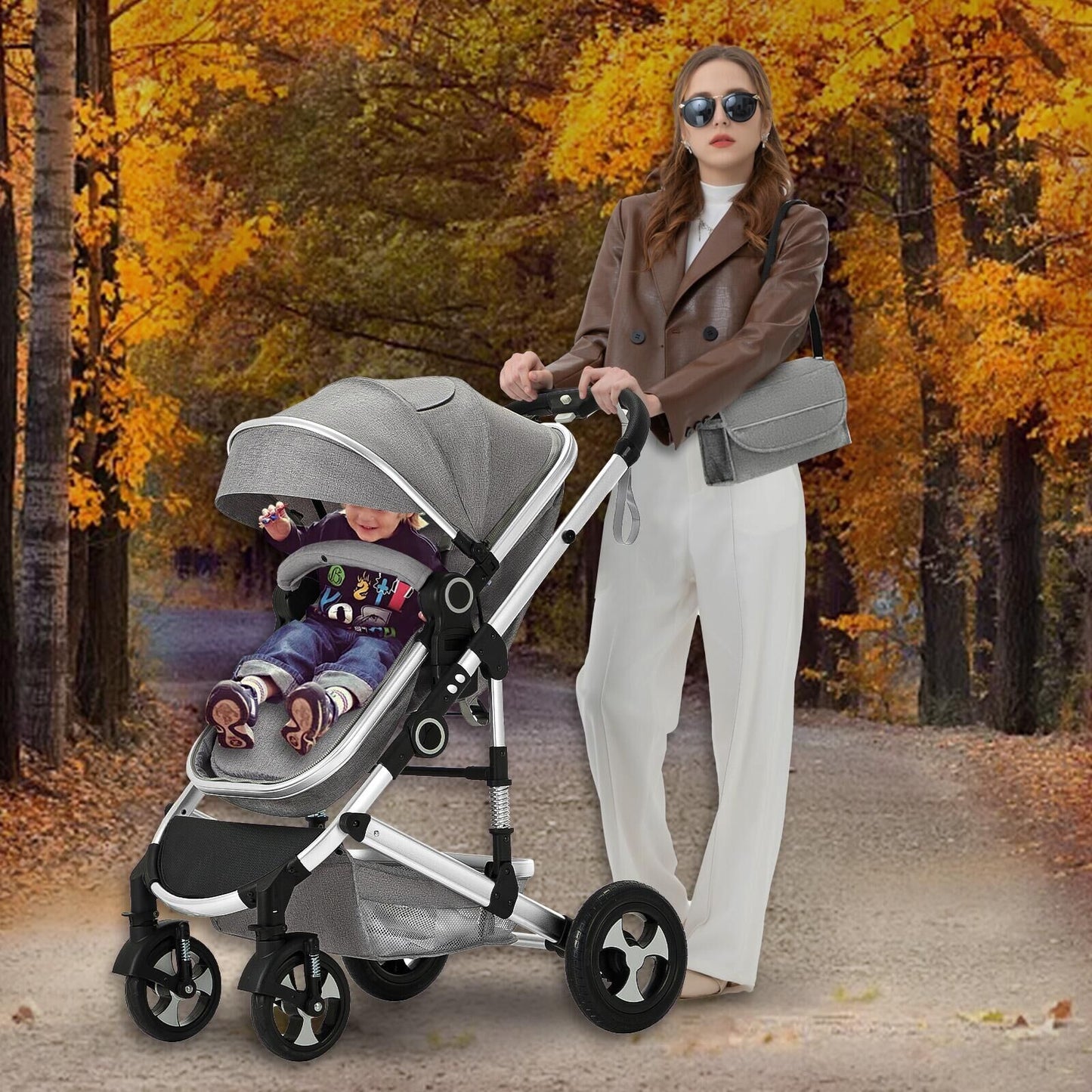 AILEEKISS 3 in 1 Convertible Baby Stroller, Unisex Folding Newborn Stroller with Big Seat, Light Grey