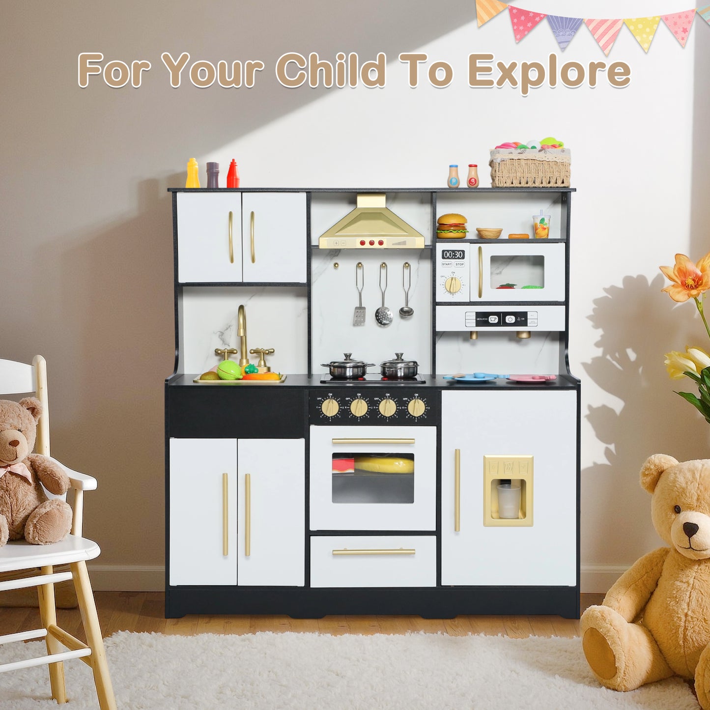 AILEEKISS Wood Kids Play Kitchen, Pretend Kitchen Playset for Children Age 3 Years up, Black