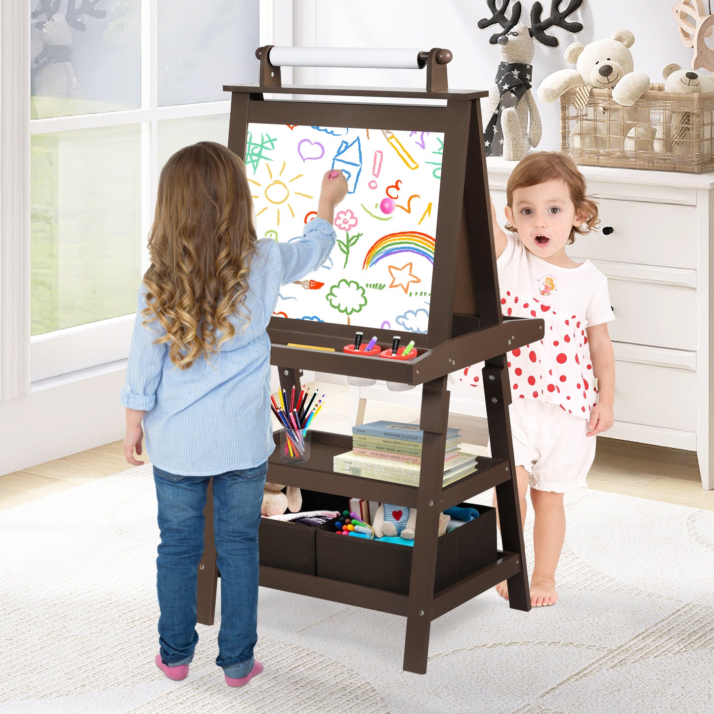 LINLUX 3 in 1 Kids Art Easel Drawing Board Double-Sided Whiteboard Chalkboard, Coffee