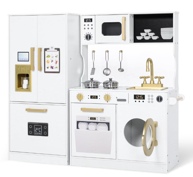 LINLUX Wood Kids Kitchen Playset, Pretend Play Toy Kitchen for Toddlers, w/Color Board & Fridge, White