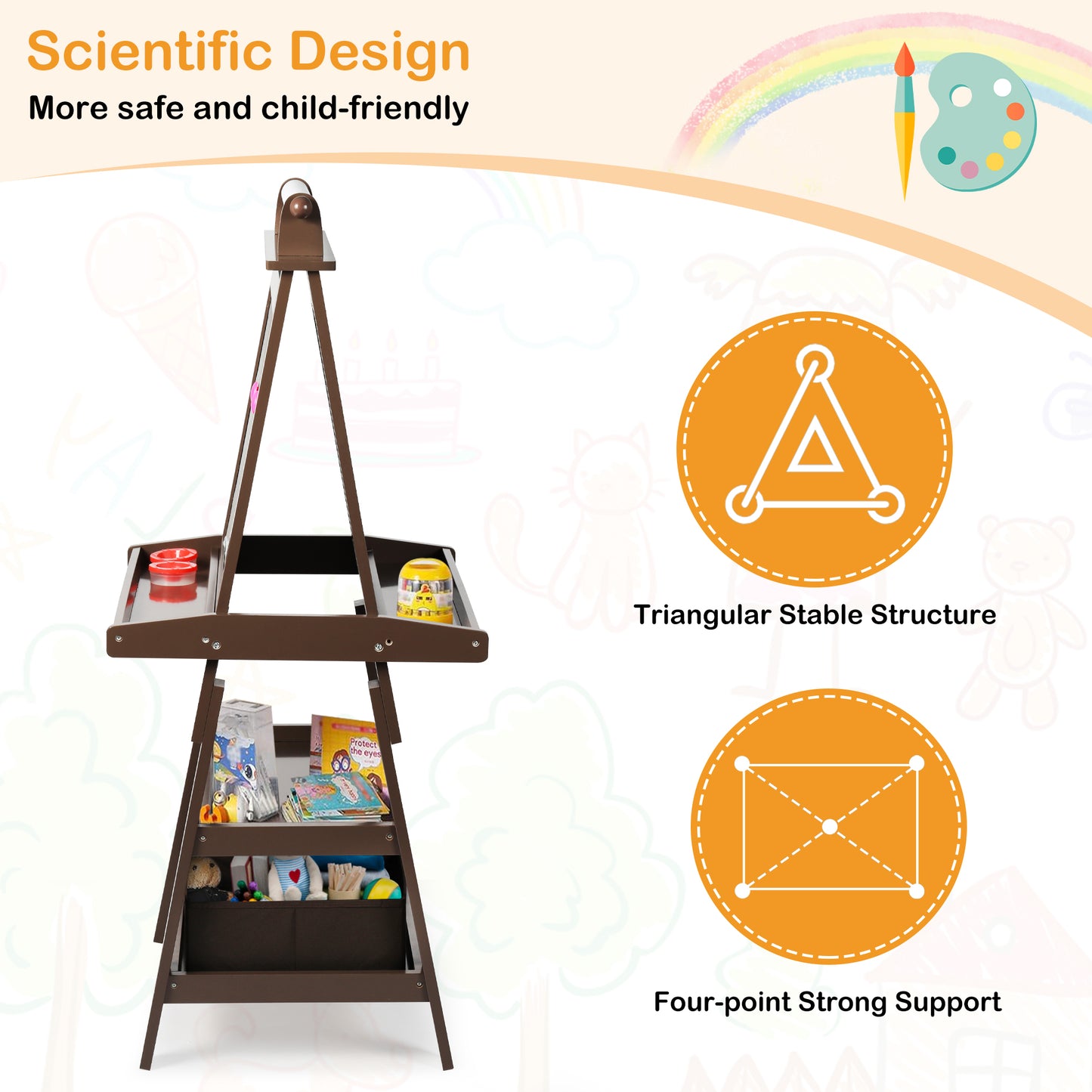 LINLUX 3 in 1 Kids Art Easel Drawing Board Double-Sided Whiteboard Chalkboard, Coffee