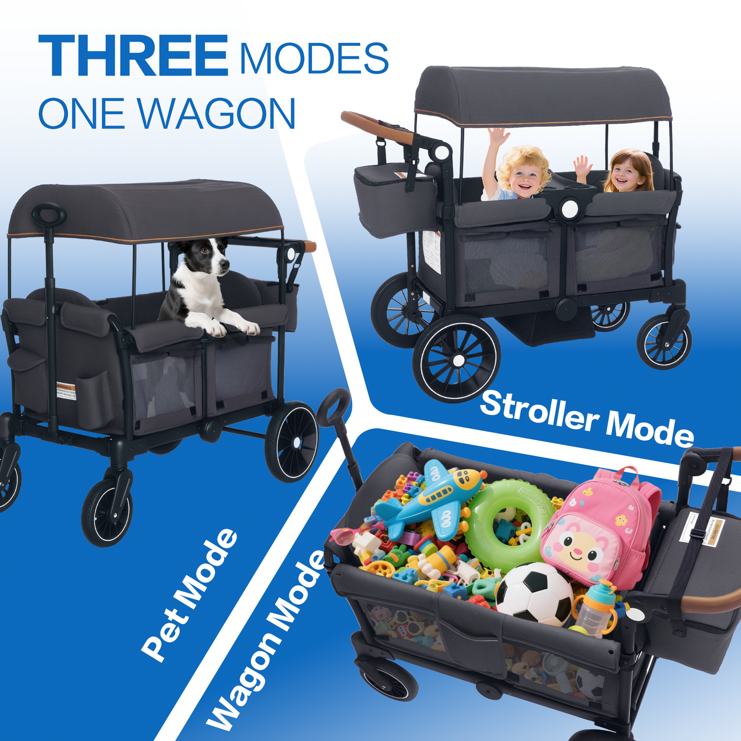 AILEEKISS 3-in-1 Wagon Stroller for 2 Toddlers, Collapsible Baby Wagon with Adjustable Handle, Grey
