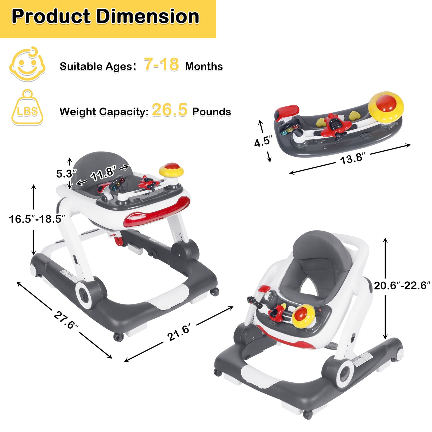 AILEEKISS Baby Walker Activity Center, 5 in 1 Toddler Push Walker Bouncer Combo for Boys Girls, Grey