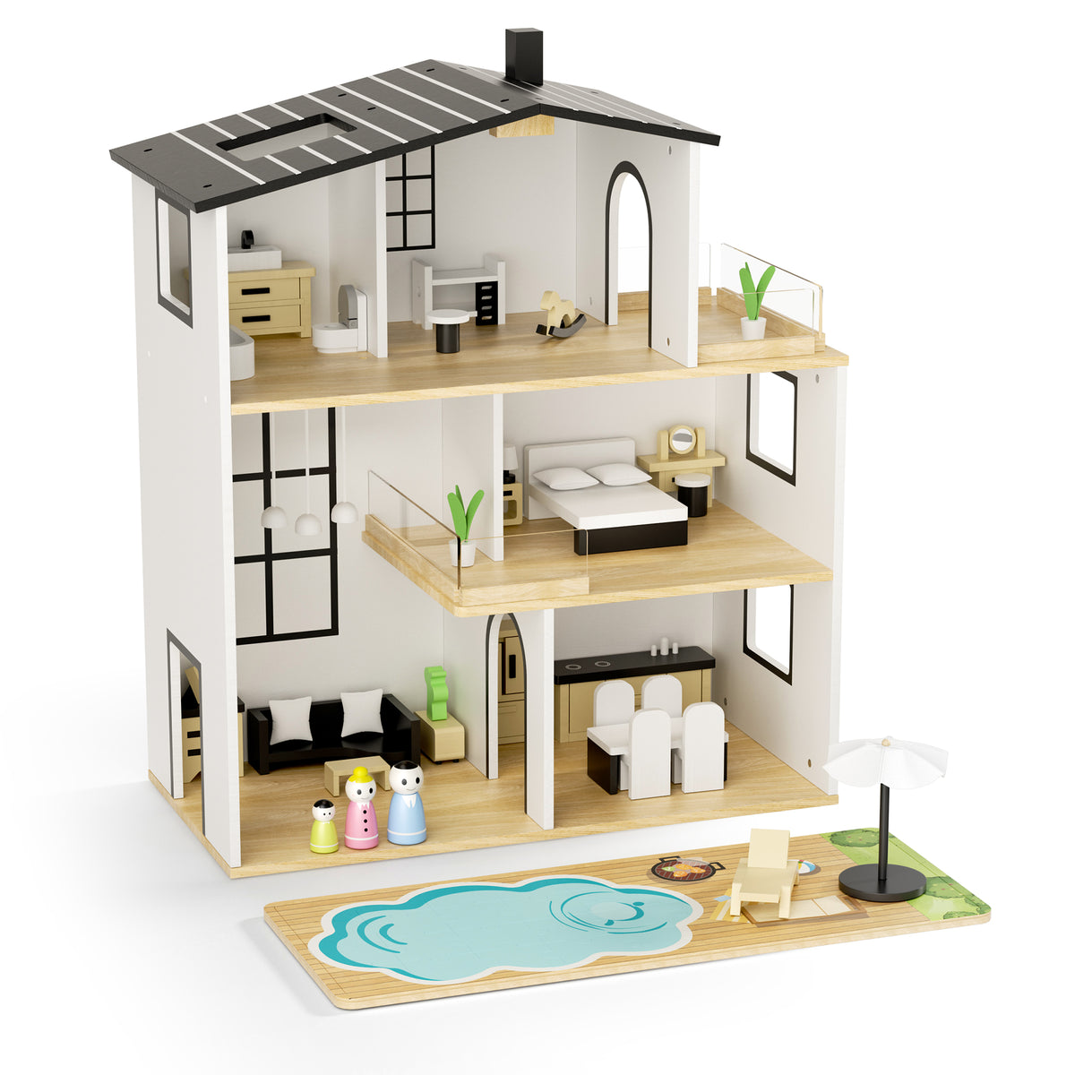 AILEEKISS Dollhouse for Kids with 35 Pieces Furniture Set, 3-Story Dream House with Puzzle Patio, White