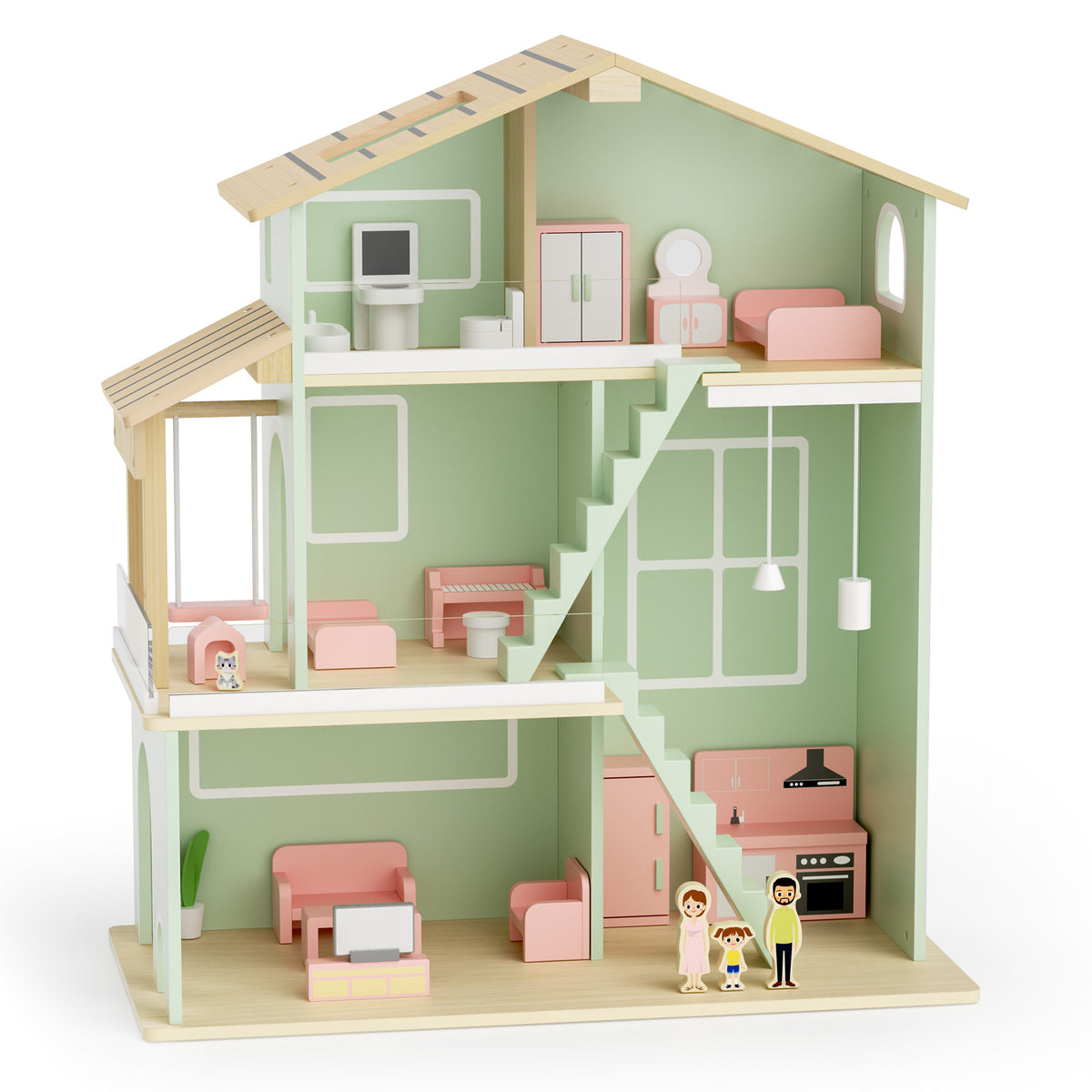 LINLUX 3-Story Wooden Dollhouse for Kids with Furniture, Stairs & Balcony, Pretend Play House, Green