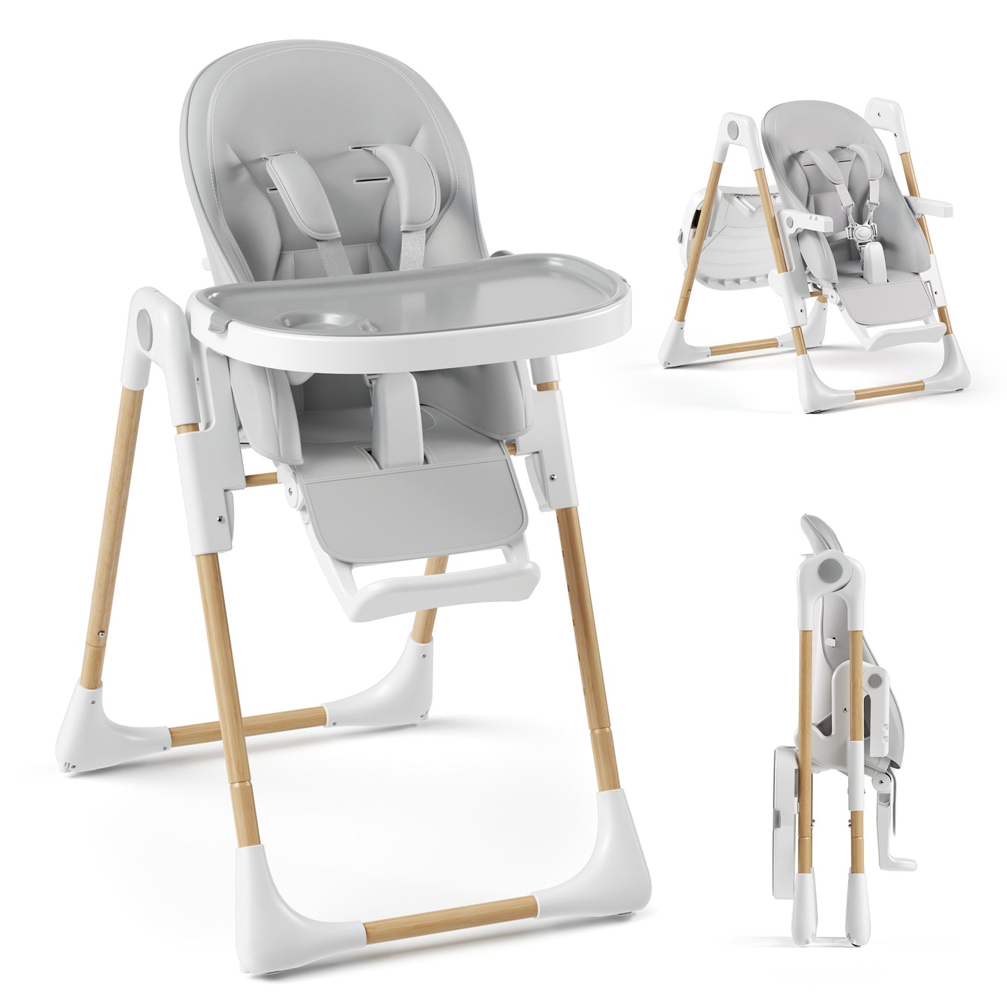 LINLUX Foldable High Chair for Babies, Toddler Eating Chair with Detachable Double Trays, Gray