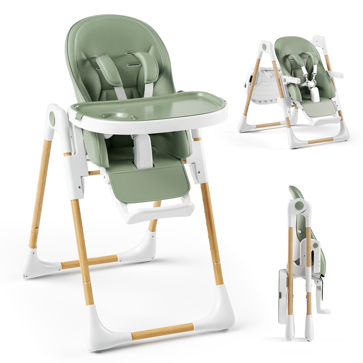 LINLUX Foldable High Chair for Babies, Toddler Eating Chair with Detachable Double Trays, Green