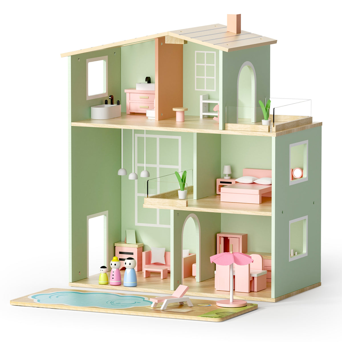 LINLUX 3-Story Wooden Dollhouse for Kids with Furniture & Pool Puzzle, Pretend Play House, Green