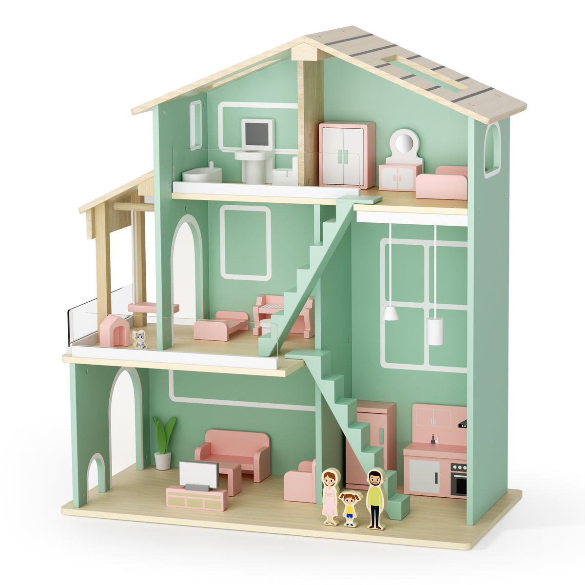 AILEEKISS Dollhouse for Kids with 20 Pieces Furniture Set, 3-Story Dream House with Puzzle Patio, Green