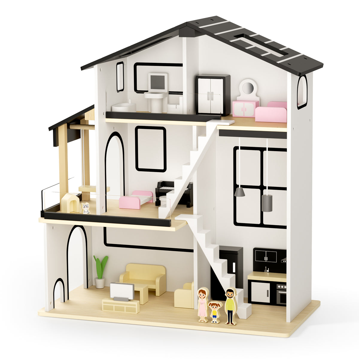 AILEEKISS Dollhouse for Kids with 20 Pieces Furniture Set, 3-Story Dream House with Puzzle Patio, White