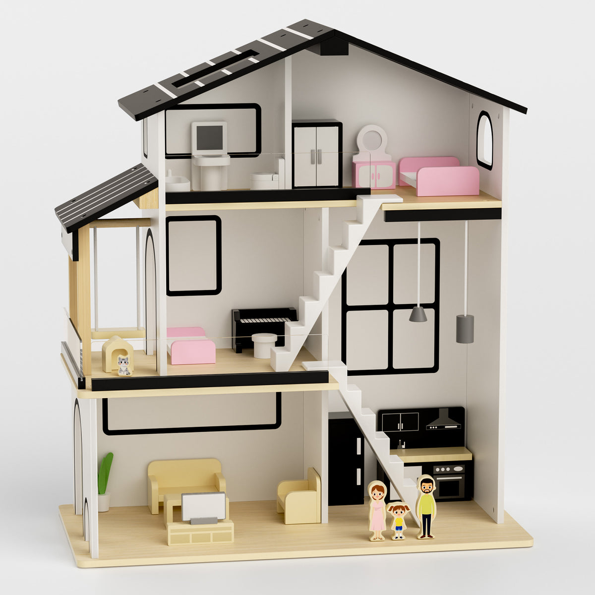 LINLUX 3-Story Wooden Dollhouse for Kids with Furniture, Stairs & Balcony, Pretend Play House, White