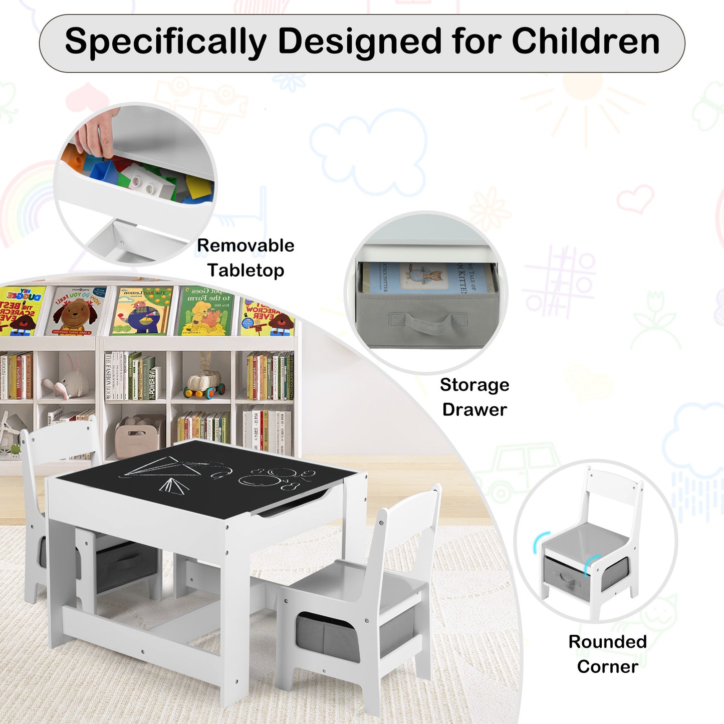 LINLUX Kids Table and 2 Chairs Set, Children Activity Table Chairs with Chalkboard/Whiteboard, Grey