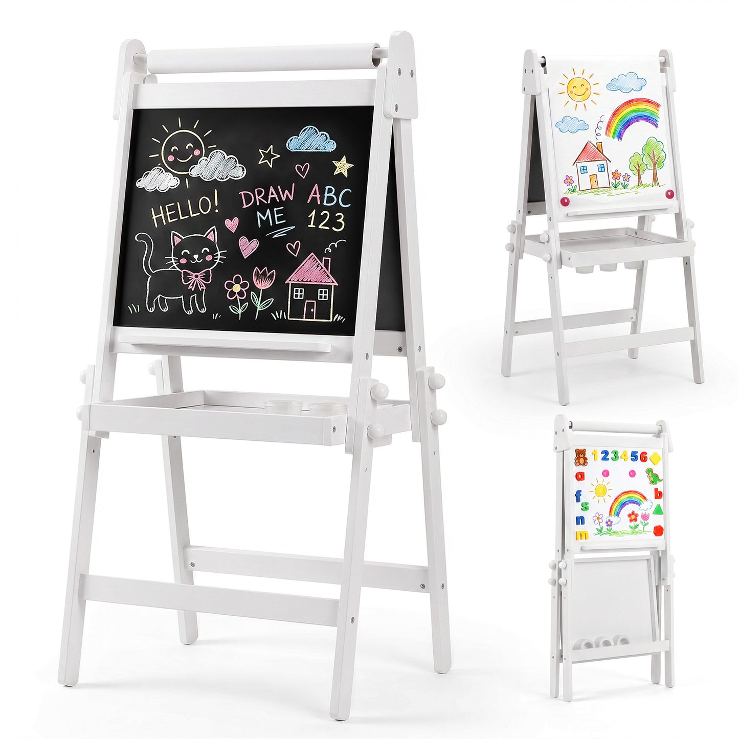 LINLUX 3 in 1 Kids Art Easel, Foldable Standing Easel with Double Sided Drawing Board and Height Adjustable, White